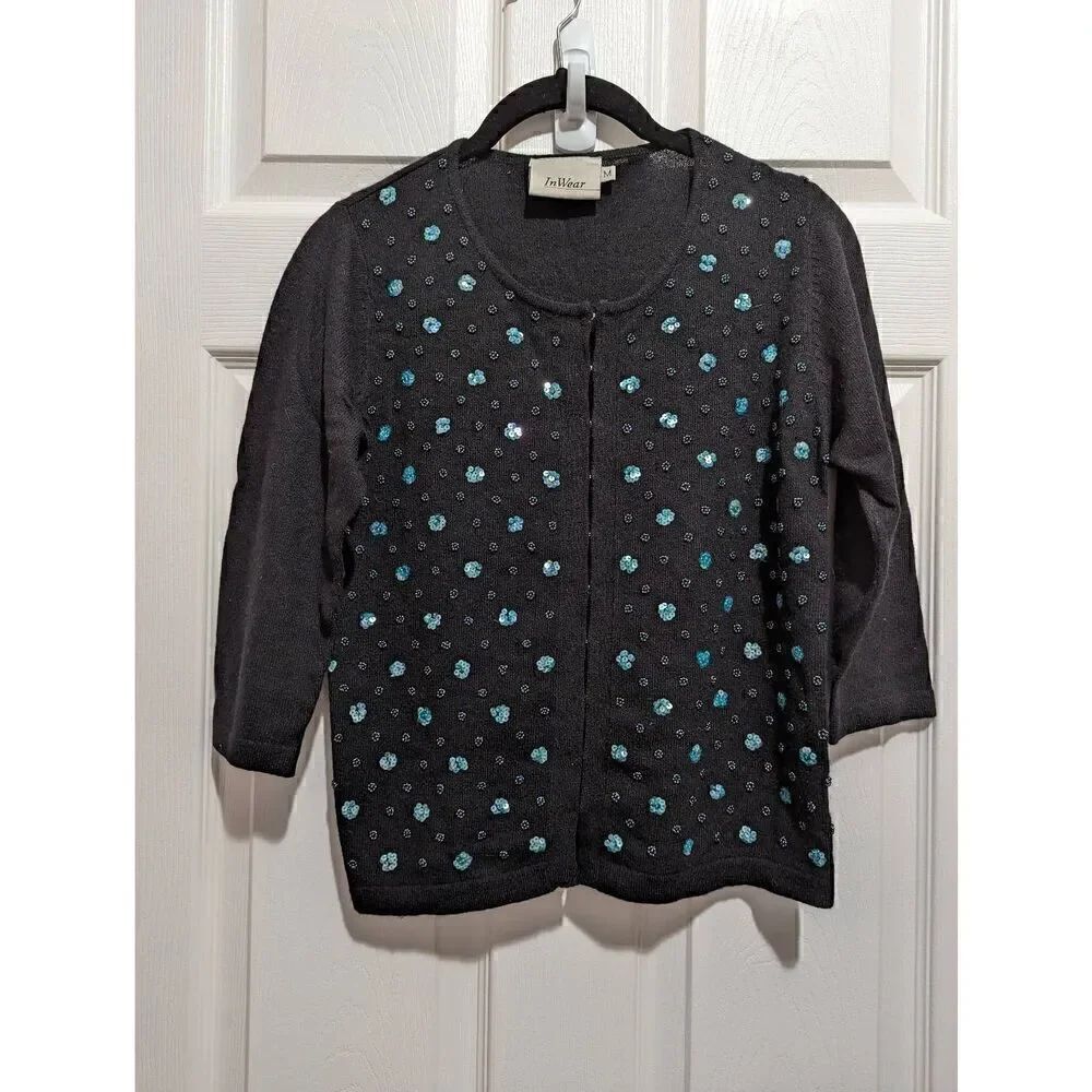 InWear black beaded 3/4 sleeve cardigan Medium